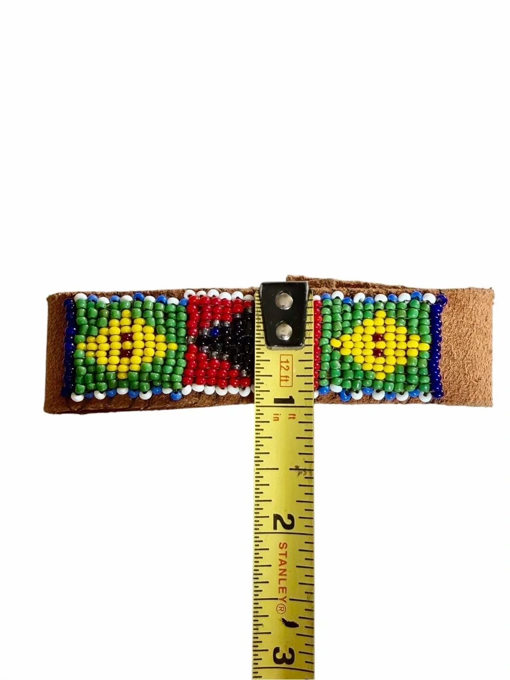 Vintage Leather Hand Beaded Cuff Bracelet Snap Closure Native Inspired